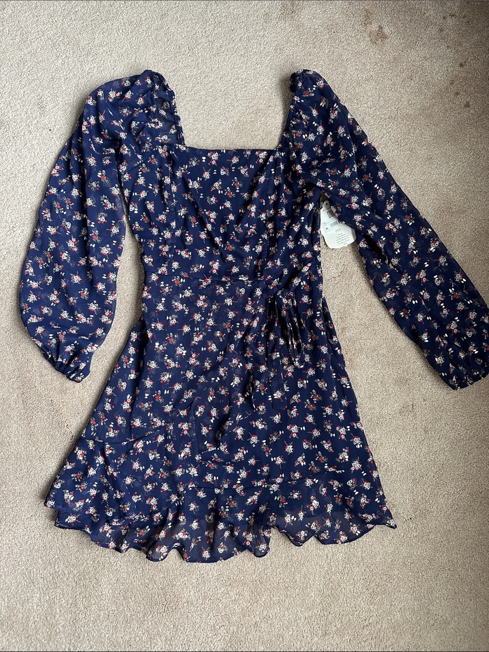 Altar'd State Navy Floral Wrap Mini Dress with Puff Sleeves